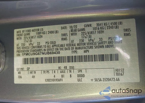 2022 Ford Escape Se из США, поврежденный, VIN 1FMCU9G67NUB69430